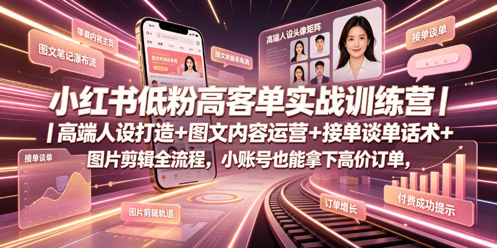 小红书低粉高客单实战训练营｜高端人设打造+图文内容运营+接单谈单话术+图片剪辑全流程，小账号也能拿下高价订单-惠声资源站
