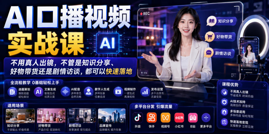 AI口播视频实战课，不用真人出镜，不管是知识分享、好物带货还是剧情访谈，都可以快速落地-惠声资源站