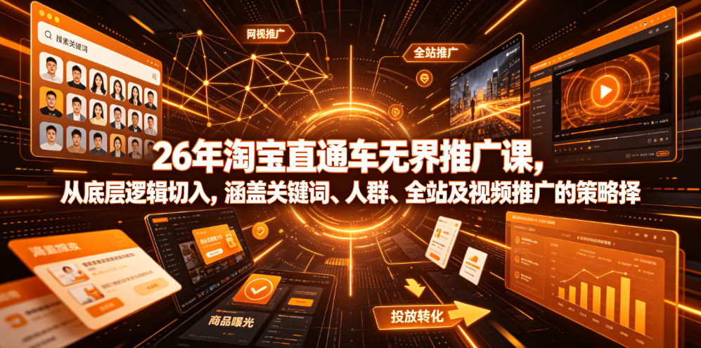 26年淘宝直通车无界推广课，从底层逻辑切入，涵盖关键词、人群、全站及视频推广的策略选择-惠声资源站