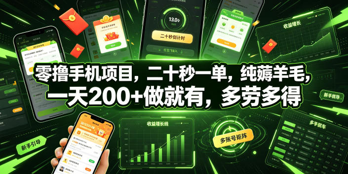 零撸手机项目，二十秒一单，纯薅羊毛，一天200+做就有，多劳多得【揭秘】-惠声资源站