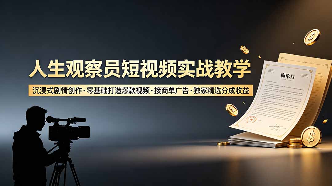 人生观察员短视频实战教学，沉浸式剧情创作，零基础打造爆款视频，接商单广告，独家精选分成收益-惠声资源站