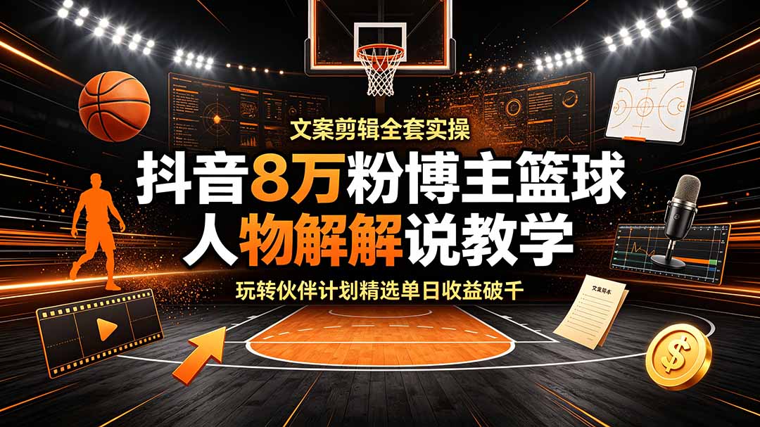 抖音8万粉博主篮球人物解说教学，文案剪辑全套实操，玩转伙伴计划精选单日收益破千-惠声资源站