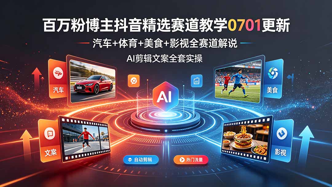 百万粉博主抖音精选赛道教学-0701更新，汽车+体育+美食+影视全赛道解说，AI剪辑文案全套实操-惠声资源站