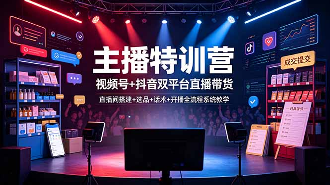 主播特训营：视频号+抖音双平台直播带货，直播间搭建+选品+话术+开播全流程系统教学-惠声资源站