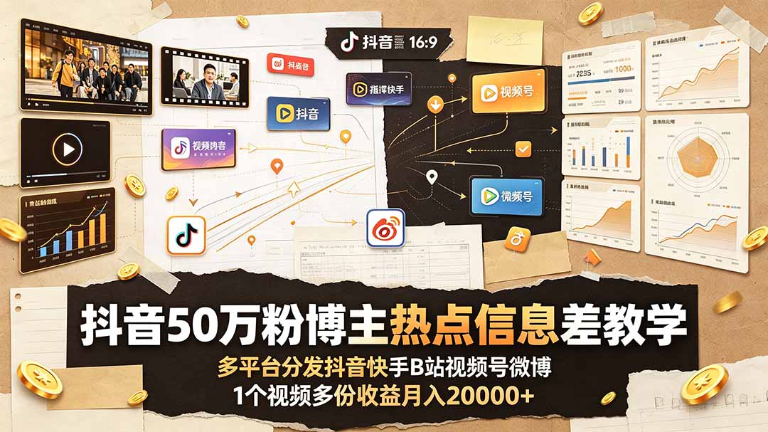 抖音50万粉博主热点信息差教学：多平台分发抖音快手B站视频号微博，1个视频多份收益月入20000+-惠声资源站