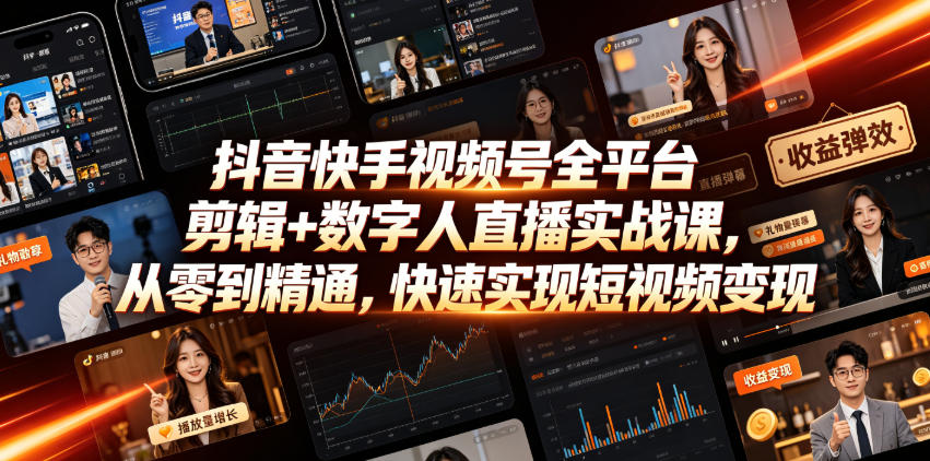抖音快手视频号全平台剪辑+数字人直播实战课，从零到精通，快速实现短视频变现(更新2026年6月)​-惠声资源站