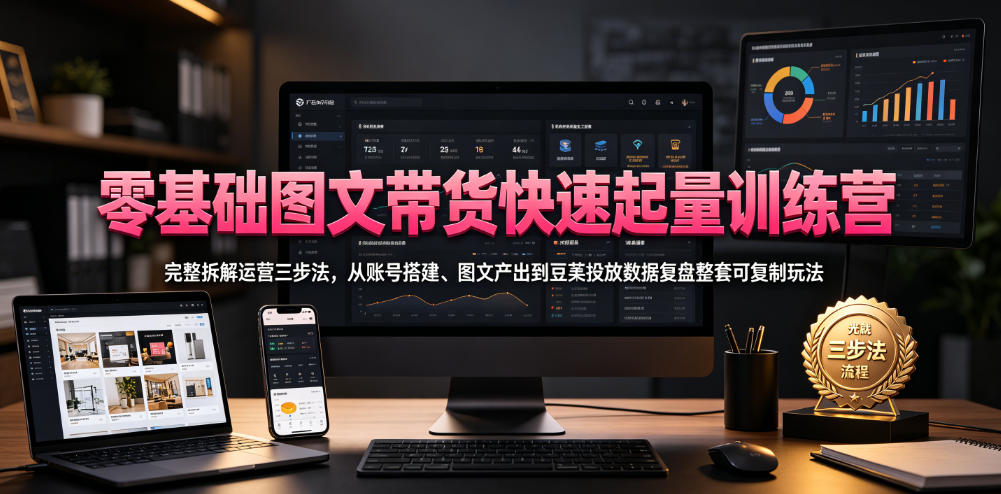 零基础图文带货快速起量训练营，完整拆解运营三步法，从账号搭建、图文产出到豆荚投放数据复盘整套可复制玩法-惠声资源站