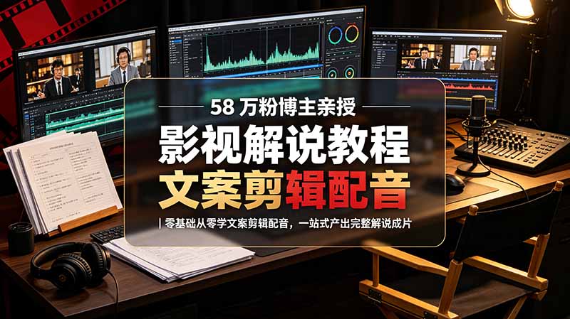 58 万粉博主荧幕春秋亲授影视解说教程｜零基础从零学文案剪辑配音，一站式产出完整解说成片-惠声资源站