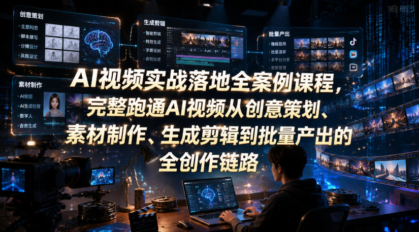 AI视频实战落地全案例课程，完整跑通AI视频从创意策划、素材制作、生成剪辑到批量产出的全创作链路-惠声资源站