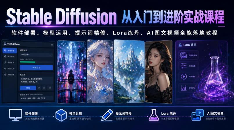 Stable Diffusion从入门到进阶实战课程｜软件部署、模型运用、提示词精修、Lora炼丹、AI图文视频全能落地教程-惠声资源站