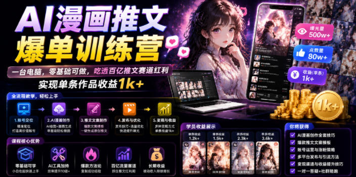 AI漫画推文爆单训练营，一台电脑，零基础可做，吃透百亿推文赛道红利，实现单条作品收益1k+-惠声资源站