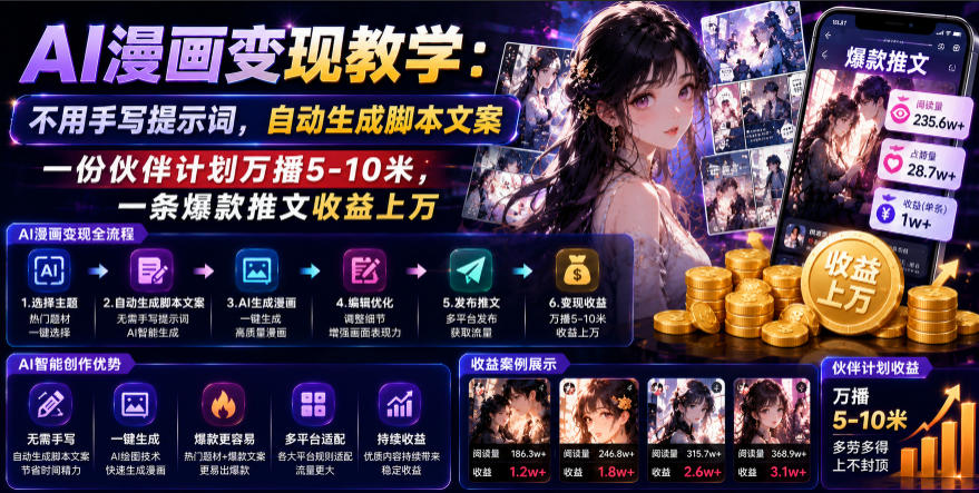 AI漫画变现教学：不用手写提示词，自动生成脚本文案，一份伙伴计划万播5-10米，一条爆款推文收益上W-惠声资源站