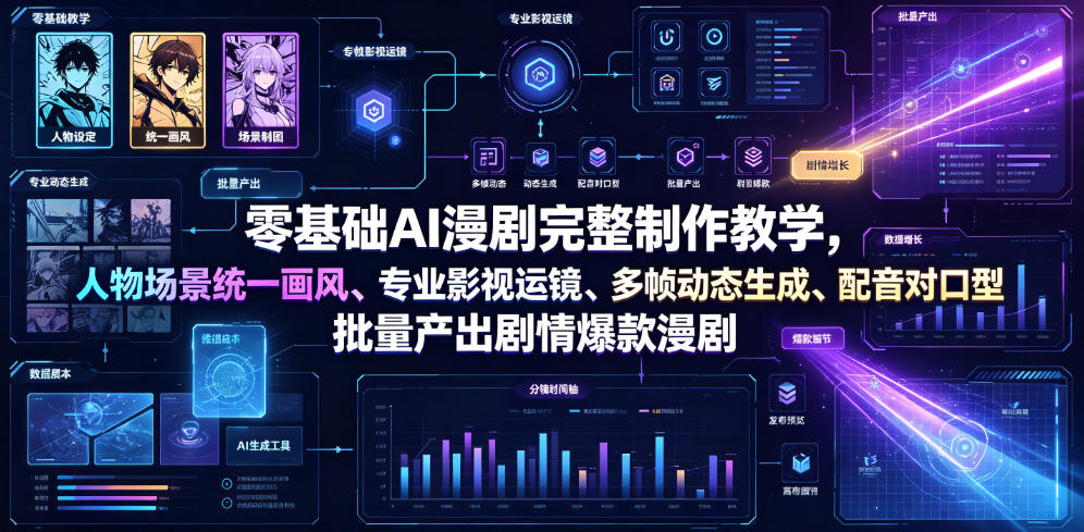 零基础AI漫剧完整制作教学，人物场景统一画风、专业影视运镜、多帧动态生成、配音对口型，批量产出剧情爆款漫剧-惠声资源站