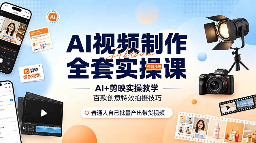 AI视频制作全套实操课，多款AI工具搭配剪映教学，百种特效运镜拍摄实操，抖音账号带货运营全覆盖-惠声资源站