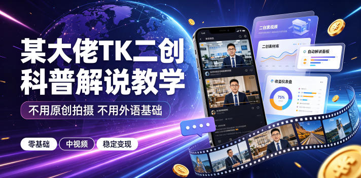 某大佬TK二创科普解说教学，不用原创拍摄不用外语基础，零基础做TikTok中视频稳定变现-惠声资源站