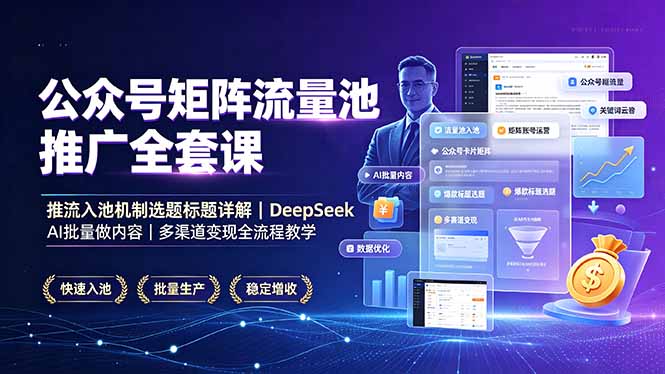 公众号矩阵流量池推广全套课，推流入池机制选题标题详解，DeepSeek AI批量做内容，多渠道变现全流程教学-惠声资源站