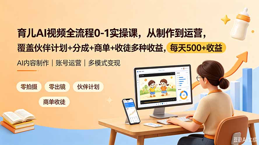 育儿AI视频全流程0-1实操课，从制作到运营，覆盖伙伴计划+分成+商单+收徒多种收益，每天500+收益-惠声资源站