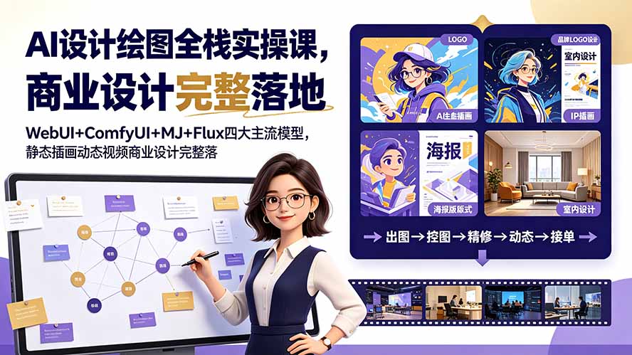 AI设计绘图全栈实操课，WebUI+ComfyUI+MJ+Flux四大主流模型，静态插画动态视频商业设计完整落地教程-惠声资源站