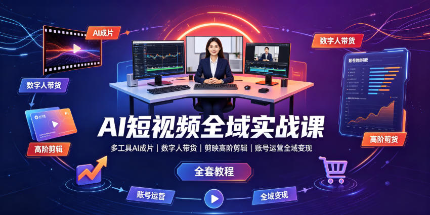 AI短视频全域实战课｜多工具AI成片、数字人带货、剪映高阶剪辑、账号运营全域变现全套教程-惠声资源站