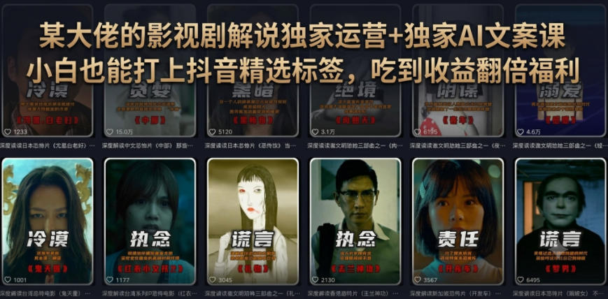 某大佬的影视剧解说独家运营+独家AI文案课，小白0粉丝也能快速打上抖音精选标签、吃到收益翻倍福利-惠声资源站