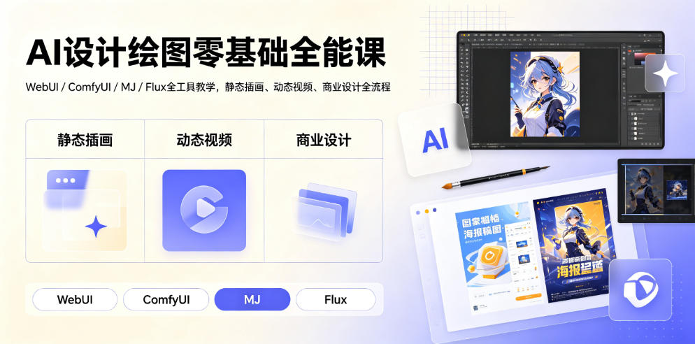AI设计绘图零基础全能课｜WebUI/ComfyUI/MJ/Flux全工具教学，静态插画、动态视频、商业设计全流程-惠声资源站