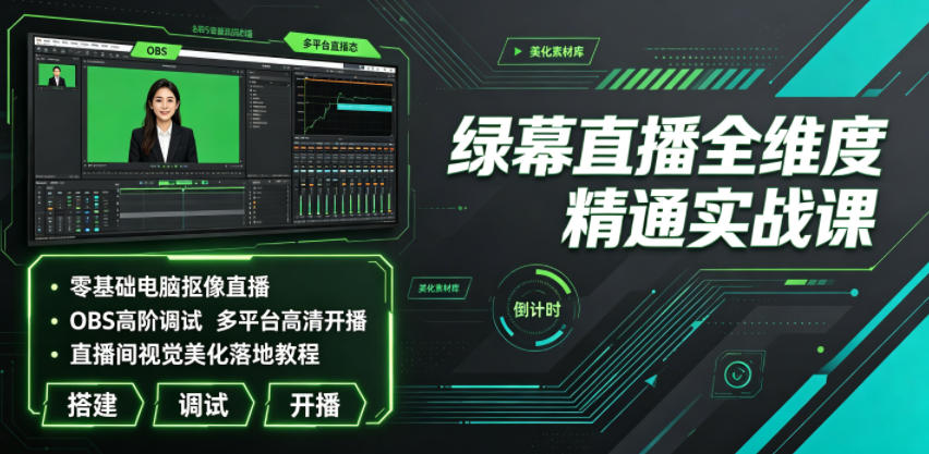 绿幕直播全维度精通实战课｜零基础电脑抠像直播、OBS高阶调试、多平台高清开播、直播间视觉美化落地教程-惠声资源站