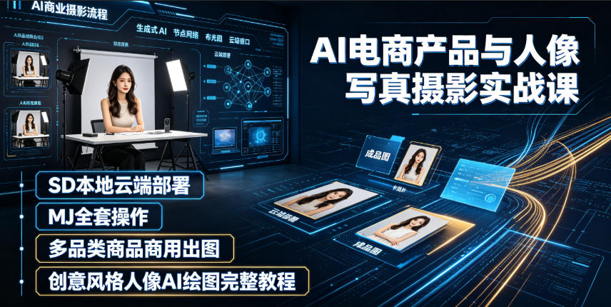 AI电商产品与人像写真摄影实战课｜SD本地云端部署、MJ全套操作、多品类商品商用出图、创意风格人像AI绘图完整教程-惠声资源站