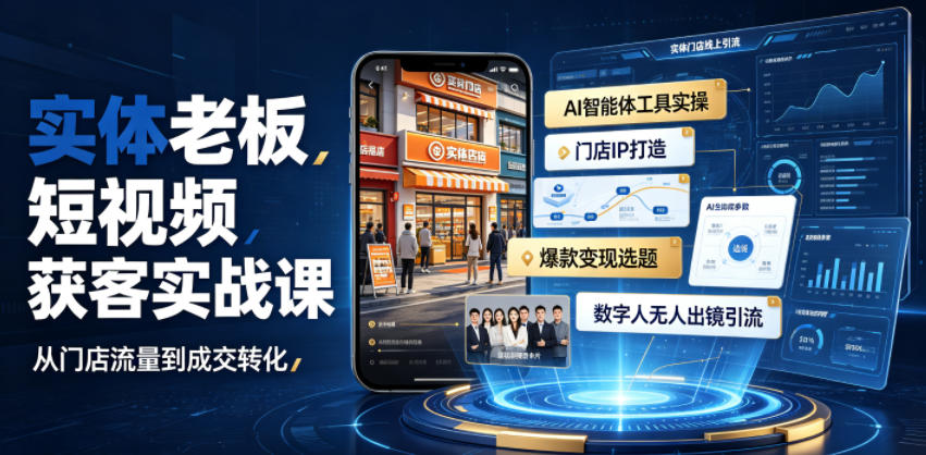 实体老板短视频获客实战课｜AI智能体工具全套实操、门店IP打造、爆款变现选题、数字人无人出镜引流完整教程-惠声资源站