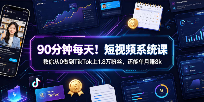 90分钟每天！短视频系统课教你从0做到TikTok上1.8万粉丝，还能单月賺8k【原创双语字幕】-惠声资源站
