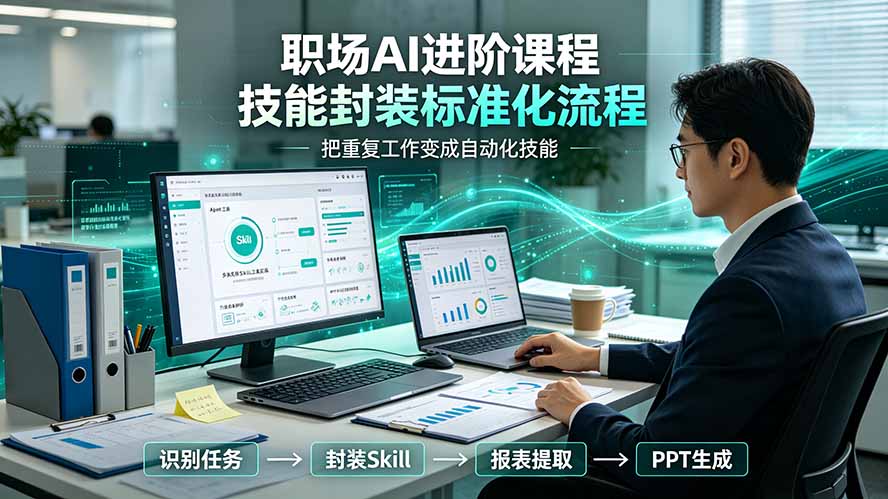 职场AI进阶课程；多类实用Skill工具实操，专属技能封装标准化流程，报表行业报告一键提取核心内容-惠声资源站