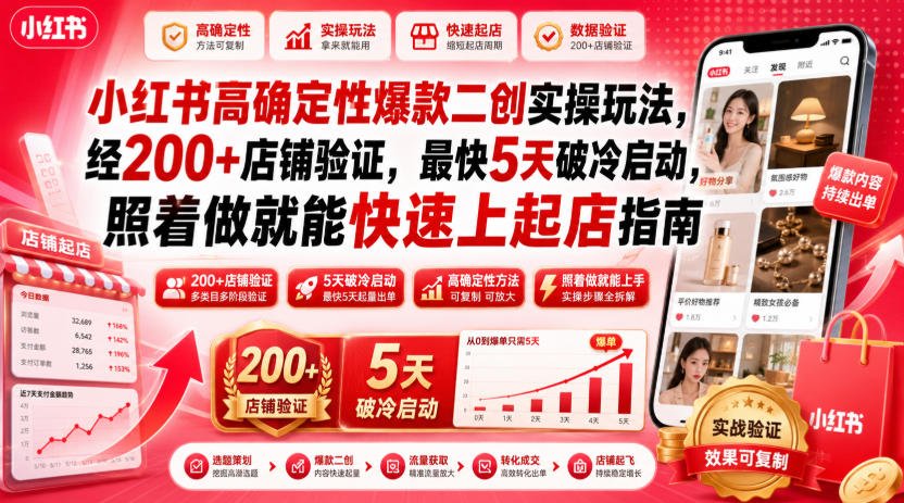 小红书高确定性爆款二创实操玩法，经200+店铺验证，最快5天破冷启动，照着做就能快速上起店指南-惠声资源站