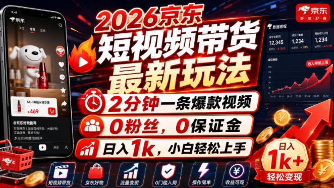 2026京东短视频带货最新玩法，2分钟一条爆款视频，0粉丝，0保证金，日入1k，小白轻松上手【揭秘】-惠声资源站