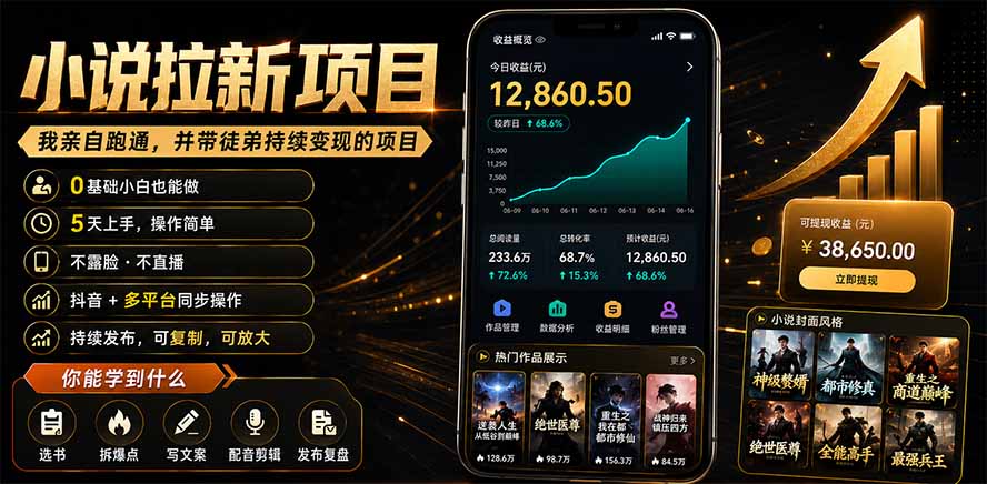 抖音及多平台小说拉新项目：我亲自跑通并持续带徒弟实操｜0基础小白5天上手快速变现-惠声资源站