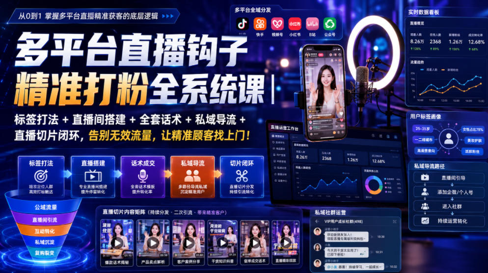 多平台直播钩子精准打粉全系统课｜标签打法+直播间搭建+全套话术+私域导流+直播切片闭环，告别无效流量，让精准顾客找上门！-惠声资源站