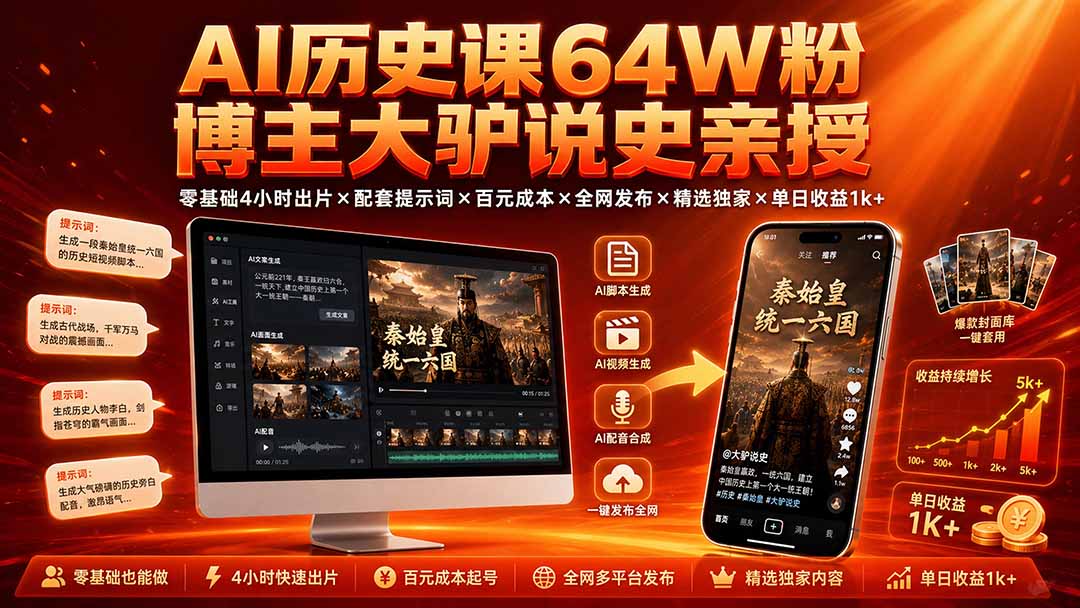 AI历史课64W粉博主大驴说史亲授：零基础4小时出片×配套提示词×百元成本×全网发布×精选独家×单日收益1k+-惠声资源站