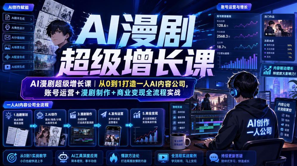 AI漫剧超级增长课｜从0到1打造一人AI内容公司，账号运营+漫剧制作+商业变现全流程实战-惠声资源站