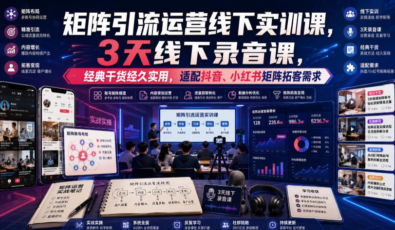 嗨推矩阵引流运营线下实训课，3天线下录音课，经典干货经久实用，适配抖音、小红书矩阵拓客需求-惠声资源站