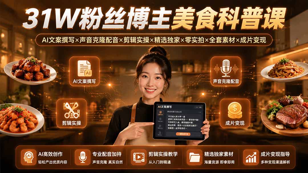 31W粉丝博主美食科普课：AI文案撰写×声音克隆配音×剪辑实操×精选独家×零实拍×全套素材×成片变现-惠声资源站