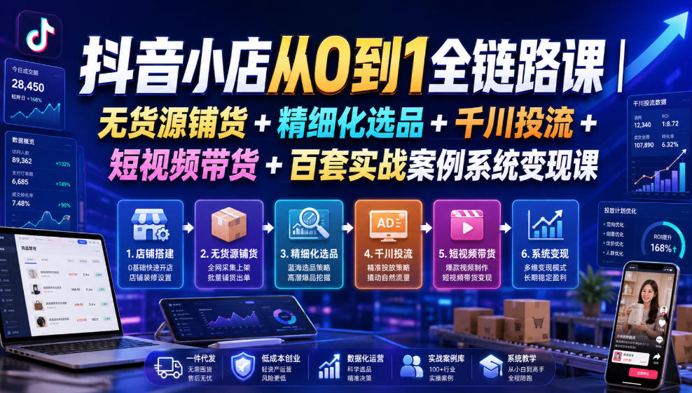 抖音小店从0到1全链路课｜无货源铺货+精细化选品+千川投流+短视频带货+百套实战案例系统变现课(2026年7月更新)-惠声资源站