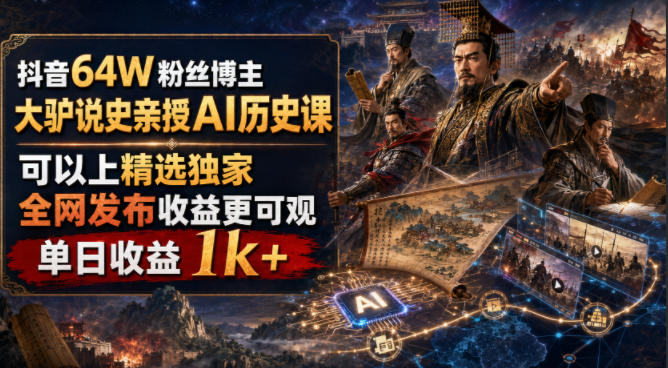 抖音64W粉丝博主大驴说史亲授AI历史课，可以上精选独家，全网发布收益更可观，单日收益1k+-惠声资源站