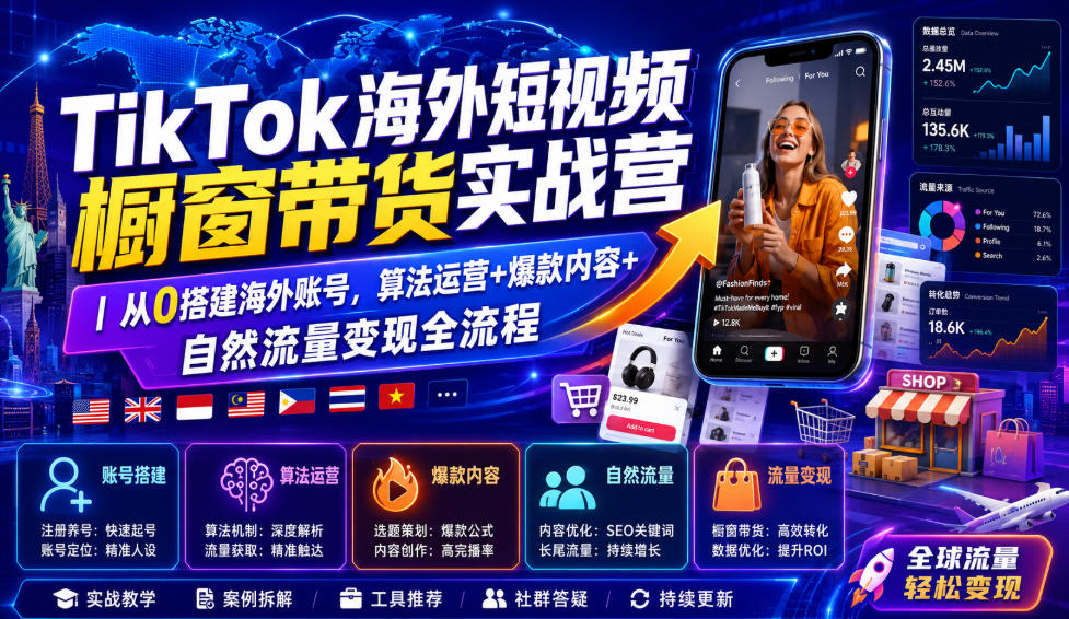 TikTok海外短视频橱窗带货实战营｜从0搭建海外账号，算法运营+爆款内容+自然流量变现全流程-惠声资源站