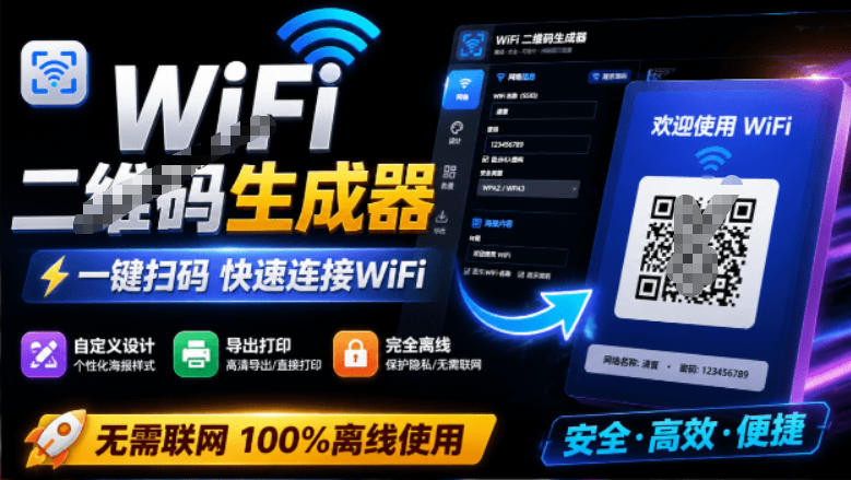 完全离线使用！WiFi二维码生成器，一键扫码快速连接WiFi，支持自定义风格导出WiFi二维码生成器-惠声资源站