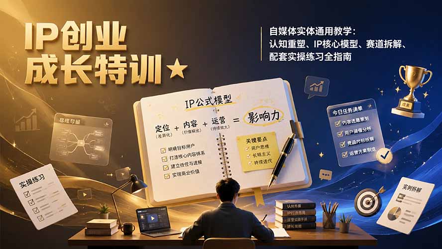 IP创业成长特训★自媒体实体通用教学：认知重塑、IP核心模型、赛道拆解、配套实操练习全指南-惠声资源站