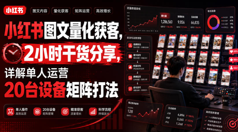 小红书图文量化获客，2小时干货分享，详解单人运营20台设备矩阵打法-惠声资源站