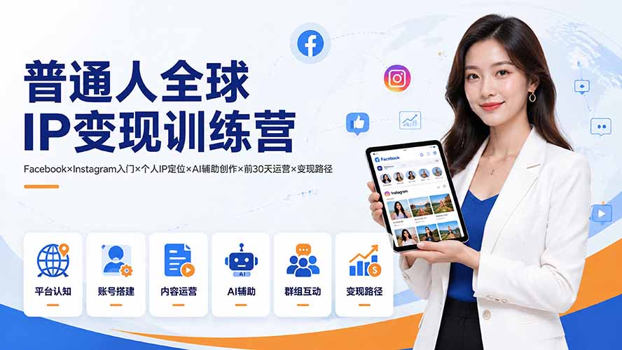 普通人全球IP变现训练营：Facebook×Instagram入门×个人IP定位×AI辅助创作×前30天运营×变现路径-惠声资源站