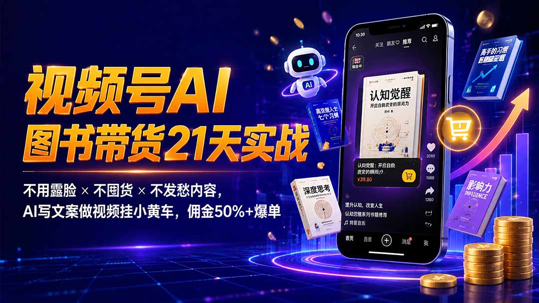 繁花视频号AI图书带货21天实战：不用露脸×不囤货×不发愁内容，AI写文案做视频挂小黄车，佣金50%+爆单-惠声资源站