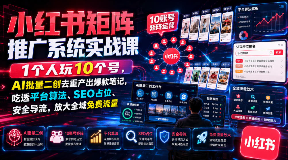 小红书矩阵推广系统实战课｜1个人玩10个号，AI批量二创去重产出爆款笔记，吃透平台算法、SEO占位、安全导流，放大全域免费流量-惠声资源站