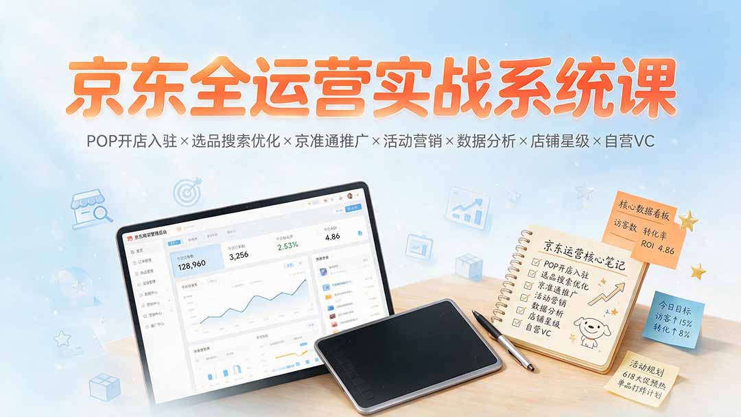 京东全运营实战系统课：POP开店入驻×选品搜索优化×京准通推广×活动营销×数据分析×店铺星级×自营VC-惠声资源站