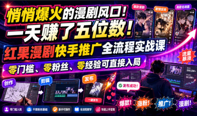 悄悄爆火的漫剧风口！一天賺了五位数！红果漫剧快手推广全流程实战课，零门槛、零粉丝、零经验可直接入局-惠声资源站