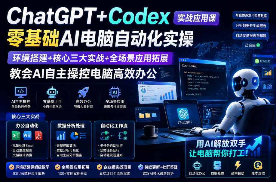 ChatGPT+Codex实战应用课｜零基础AI电脑自动化实操，环境搭建+核心三大实战+全场景应用拓展，教会AI自主操控电脑高效办公-惠声资源站